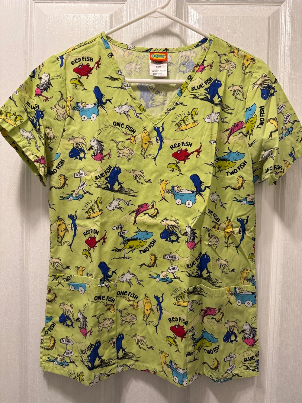 Dr. Seuss Lime Green One Fish Two Fish Short Sleeve Scrub Top
